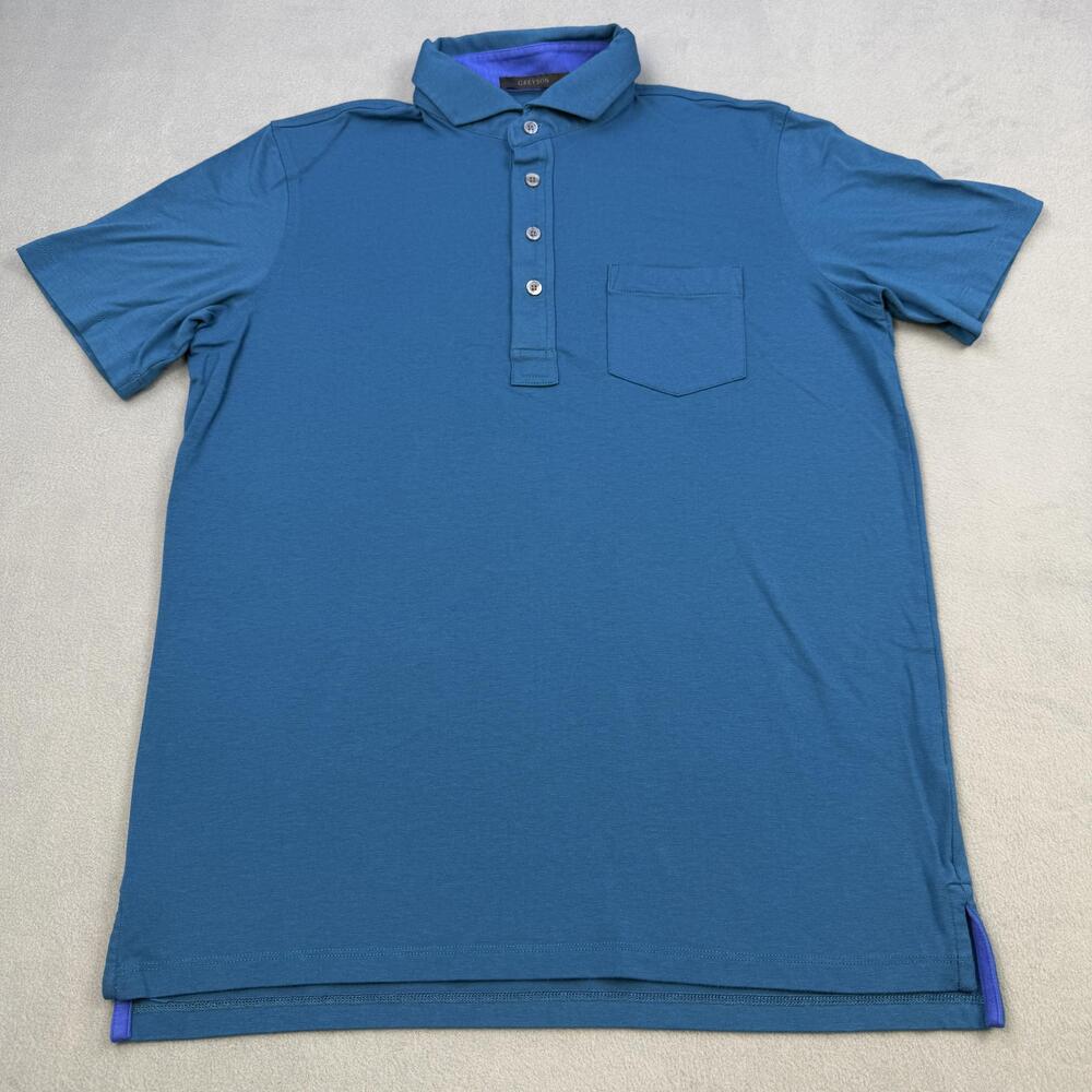 Greyson Polo Shirt Mens Medium Blue Solid Pocket Golf Stretch Performance